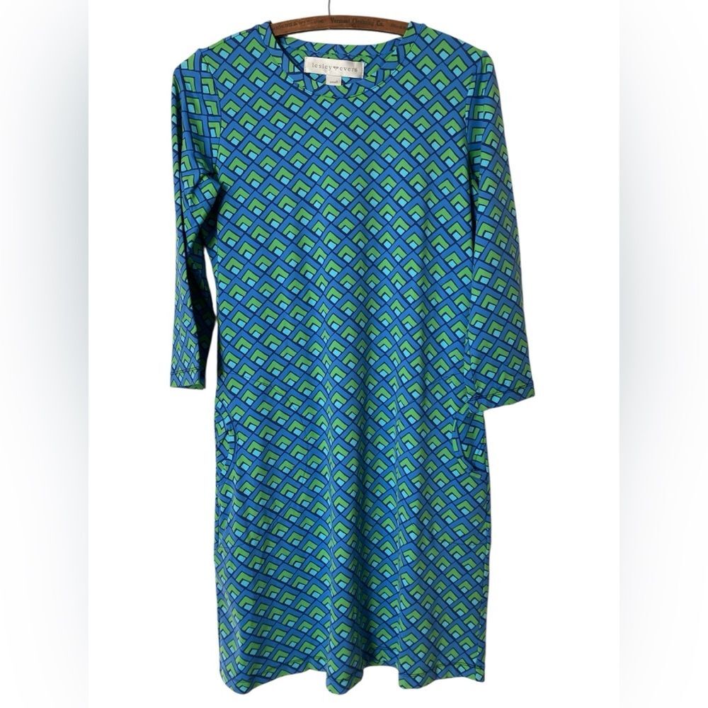 Leslie Evers Dress Size S Blue Geometric Beach Travel Vacation